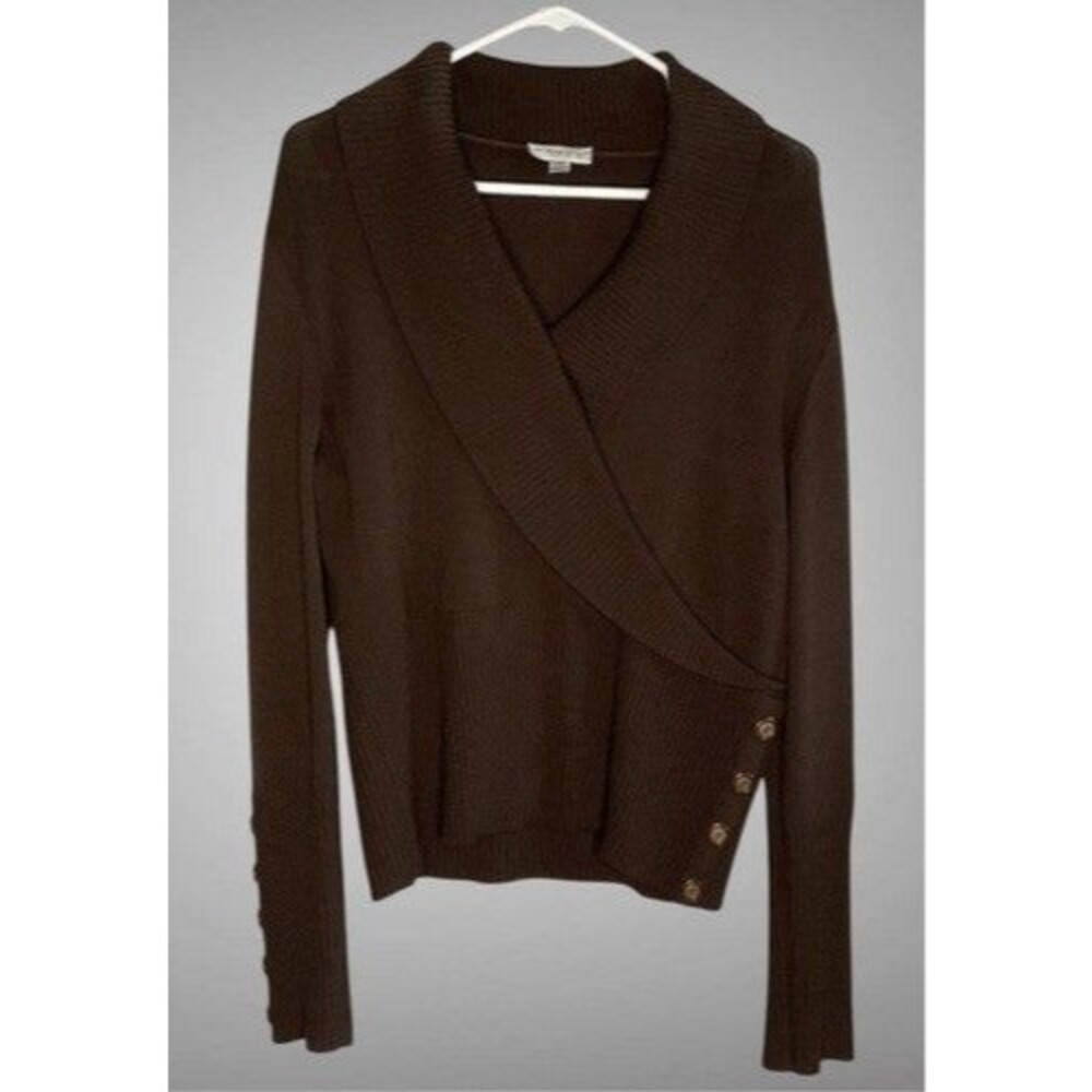 VTG St. John Sport Brown Wool Santana Knit Long Sleev V-Neck Wrap Sweater Size L
